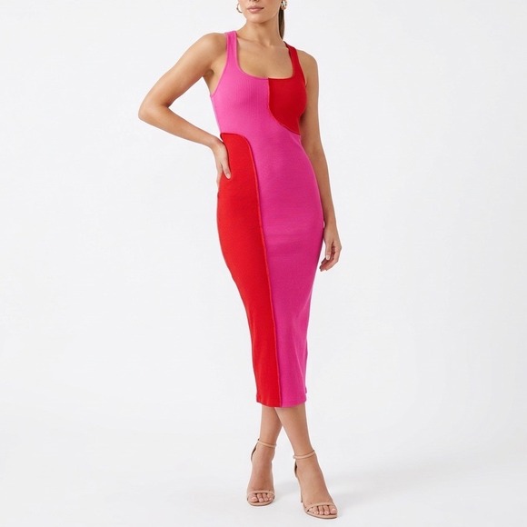 naked wardrobe Dresses & Skirts - Naked Wardrobe Pink Red Colorblock Ribbed Midi Bodycon Dress XS